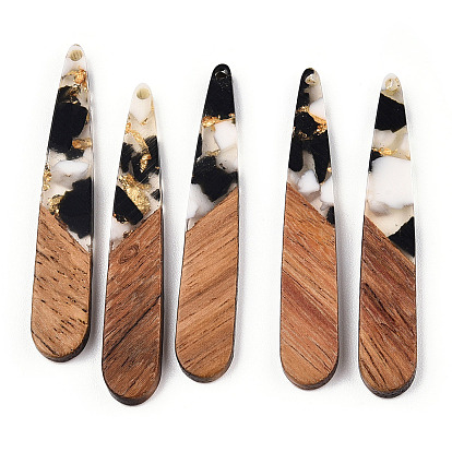 Transparent Resin & Walnut Wood Pendants, with Gold Foil, Teardrop Charms