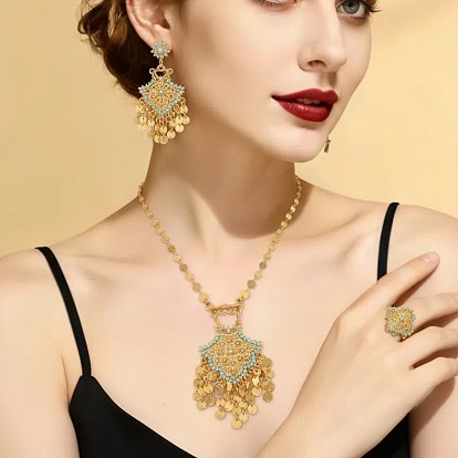 Комплекты из ожерелий, подвесок и колец из сплава кубического циркония, золотые, ромб