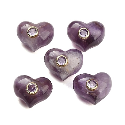Natural Amethyst Beads, Heart, with Brass Pave Cubic Zirconia Findings, Golden