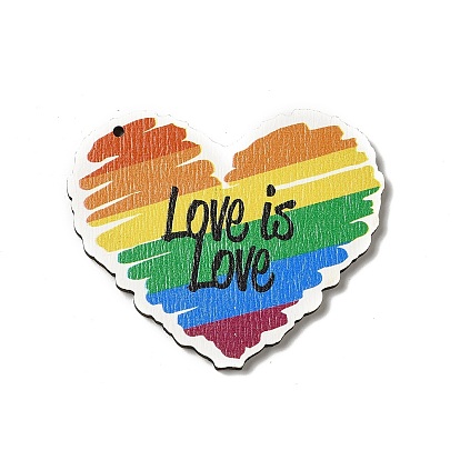 Rainbow/Pride Flag Theme Single Printed Aspen Wood Pendants, Heart with Word Love Is Love Charm