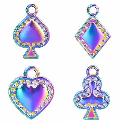 Stainless Steel Pendants, Rainbow Color, Playing Cards Charms, Spade/Heart/Club/Diamond Charms