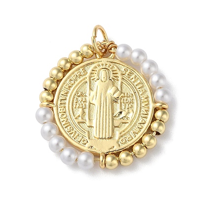 Accumuler pendentifs en laiton placage, avec des perles d'imitation en plastique, sans cadmium et sans plomb, plaqué longue durée, plat et circulaire avec Saint Benoit