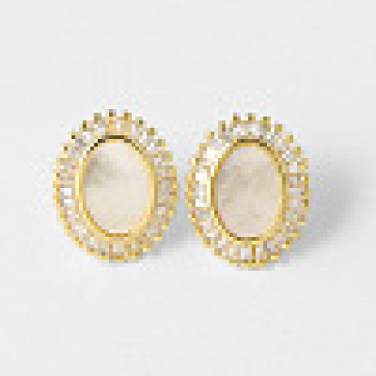 Brass Pave Clear Cubic Zirconia Stud Earrings, Oval, with Natural Shell
