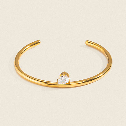 304 Stainless Steel Pave Teardrop Clear Cubic Zirconia Open Cuff Bangles for Women
