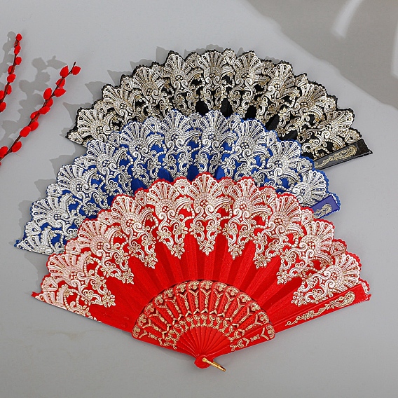 Из пластика с тканевым складным вентилятором, винтажный веер с золотыми марками, для вечеринки свадебное танцевальное украшение