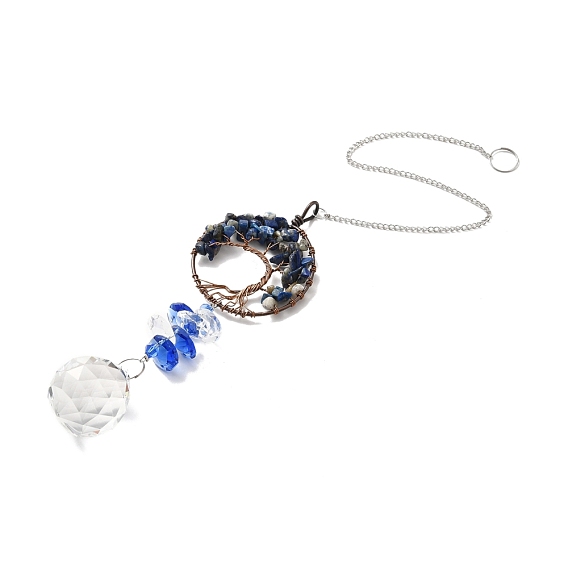 Lapis Lazuli Pendant Decoration, Hanging Suncatcher, with Brass Rings, Flat Round Alloy Frame and Iron Findings, Teardrop