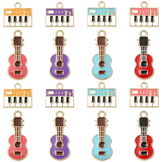 20Pcs 2 Styles Eco-Friendly Zinc Alloy Pendants, with Enamel, Cadmium Free & Nickel Free & Lead Free, Guitar/Piano Shape, Light Gold