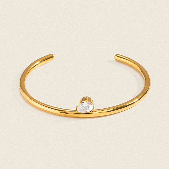 304 Stainless Steel Pave Teardrop Clear Cubic Zirconia Open Cuff Bangles for Women