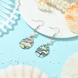 Natural Paua Shell Dangle Earrings, Natural Cultured Freshwater Pearl Beads & 304 Stainless Steel Dangle Earrings for Women
