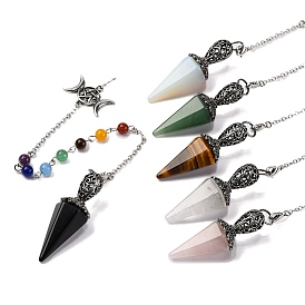 Natural & Synthetic Gemstone Pointed Hexagonal Cone Dowsing Pendulums, with Rack Plating Antique Silver Tone Alloy Findings and 7 Chakra Gemstone Round Beads, Cadmium Free & Lead Free