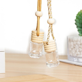 Column Glass Empty Refillable Car Perfume Bottle, Car Hanging Fragrance Essential Oil Diffuser Bottle Pendants Decor, with Wood Cap