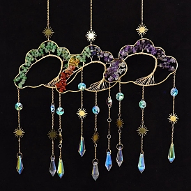 Natural Gemstone Copper Wire Wrapped Cloud with Tree of Life Hanging Ornaments, Teardrop Glass Tassel Suncatchers for Home Outdoor Decoration
