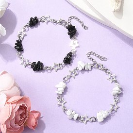 2Pcs Natural Howlite & Obsidian Chip Link Bracelets, Alloy Star Link Bracelets for Women