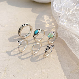 Boho Style Turquoise Feather Ring with Carved Flower, Cross 6-Piece Set