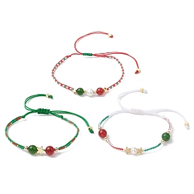 Christmas Round Dyed Natural Malaysia Jade & Natural Carnelian & Glass Seed Beads Braided Bead Bracelets, Adjustable Star Bracelets