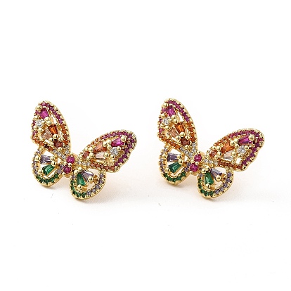 Colorful Cubic Zirconia Butterfly Stud Earrings, Rack Plating Brass Jewelry for Women, Lead Free & Cadmium Free