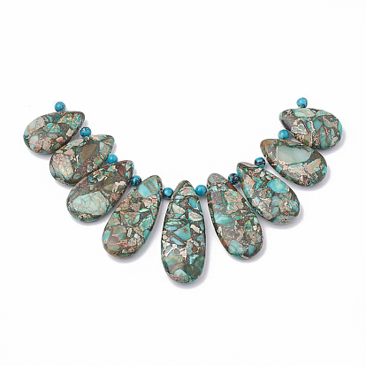 Synthetic Gemstone Beads Strands, Dyed, Gold Line Turquoise and Regalite, Graduated Fan Pendants, Focal Beads, Drop