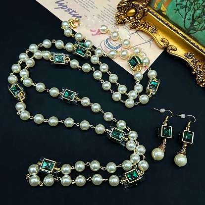 Комплект из круглой и кубической латунной цепочки с кубическим цирконием и пластиковым искусственным жемчугом и серег-подвесок