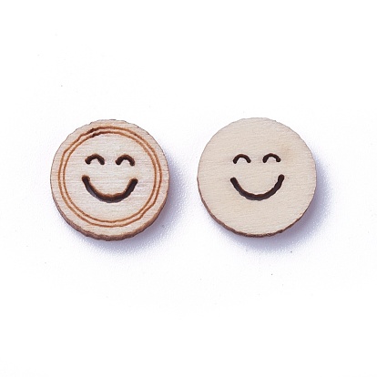 Undyed Wood Cabochons, Flat Round with Face