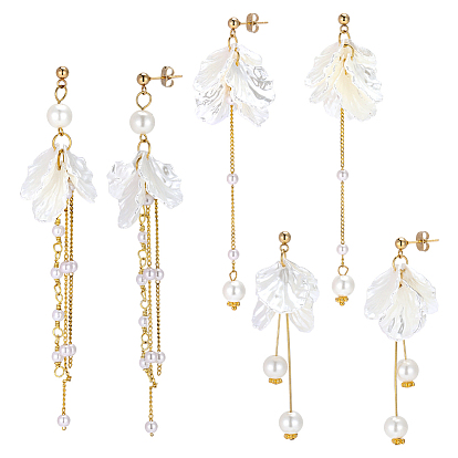 3 пары 304 серьги-гвоздики с кисточками из нержавеющей стали, с акриловым искусственным жемчугом, золотые