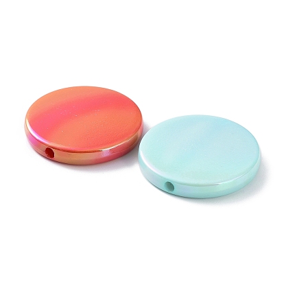 UV Plating Rainbow Iridescent Acrylic Beads, Flat Round