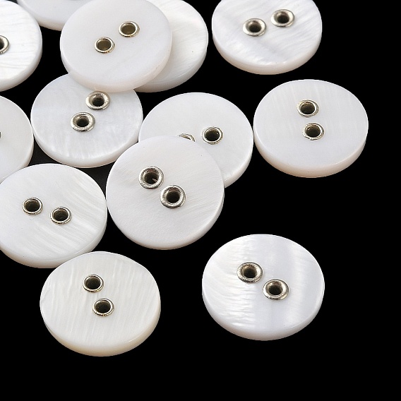 Natural Shell Buttons, 2-Hole Alloy Eyelet Flat Round Buttons