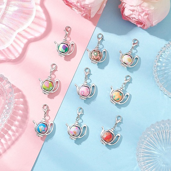 Чайник ручной работы из полимерной глины и сплава в тибетском стиле подвесные украшения, с карабин-лобстерами 