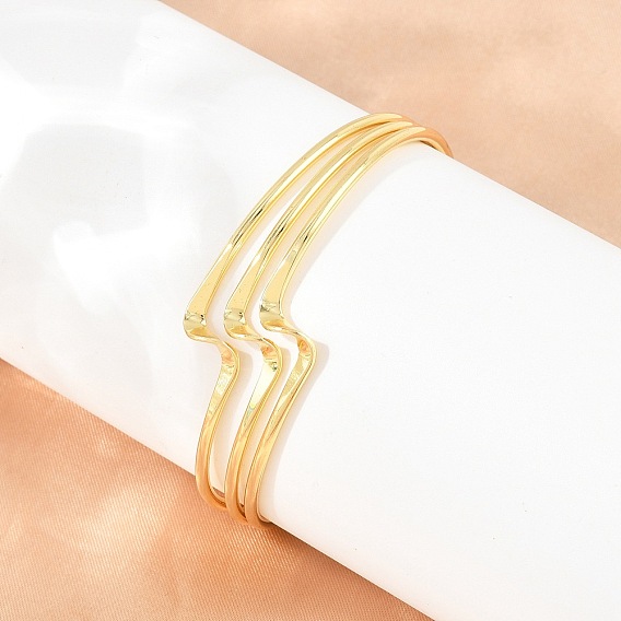 Brass 3 Wavy Line Open Cuff Bangles for Women, Lead Free & Cadmium Free, Long-Lasting Plated, Rack Plating