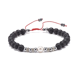 Natural Lava Rock & & Shell Pearl & Synthetic Hematite Braided Bead Bracelet, Essential Oil Gemstone Jewelry for Women