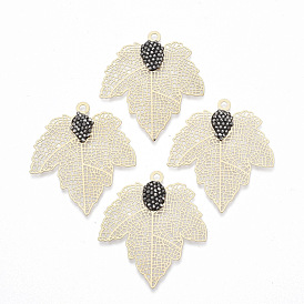 Autumn Theme Brass Rhinestone Pendants, Filigree Findings, Maple Leaf, Jet Hematite