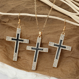 Vintage Exaggerated Rhinestone Cross Jewelry Set in Gold for Women