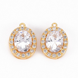 Brass Micro Pave Clear Cubic Zirconia Pendants, Oval