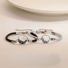 Браслеты из латунных звеньев для женщин и мужчин, форма волны, с плетеным кожаным шнуром