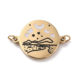 304 Stainless Steel Enamel Moon Phase Connector Charms, Flat Round Links with Jump Rings, Golden