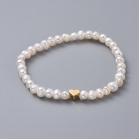 Stretch Bracelets, with Brass Beads, Grade A Natural Freshwater Pearl Beads and Burlap Packing Pouches Drawstring Bags, Heart