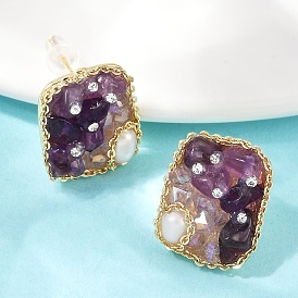 Прямоугольные латунные серьги-гвоздики с натуральным пресноводным жемчугом, с натуральным аметистом и стеклом