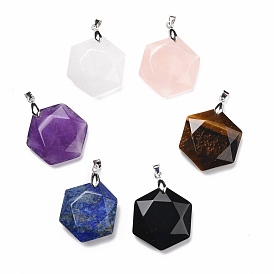 Natural Gemstone Pendants, with Platinum Tone Brass Findings, Faceted, Hexagon