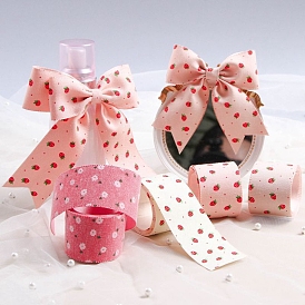 Rubans polyseter imprimés simple face à motif fraise/fleur, Pour la fabrication d'accessoires de pinces à cheveux, emballage cadeau