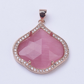 Brass Cat Eye Pendant, with Micro Pave Cubic Zirconia, Faceted, Long-Lasting Plated, Petal