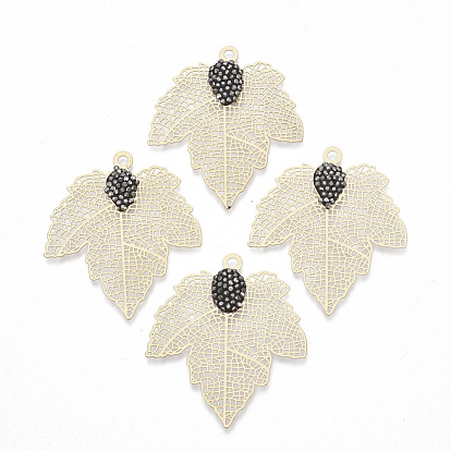 Autumn Theme Brass Rhinestone Pendants, Filigree Findings, Maple Leaf, Jet Hematite