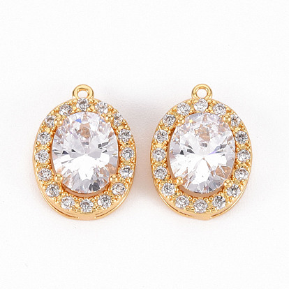 Brass Micro Pave Clear Cubic Zirconia Pendants, Cadmium Free & Nickel Free & Lead Free, Oval