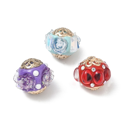 Alloy & Resin & Polymer Clay Beads, Bumpy Rondelle with Flower, Golden
