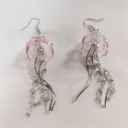 Pendientes colgantes de hierro, con vidrio y 304 acero inoxidable, flor, rosa