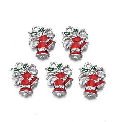 Rack Plating Alloy Enamel Pendants, with Crystal Rhinestone, Cadmium Free & Nickel Free & Lead Free, Christmas Bell