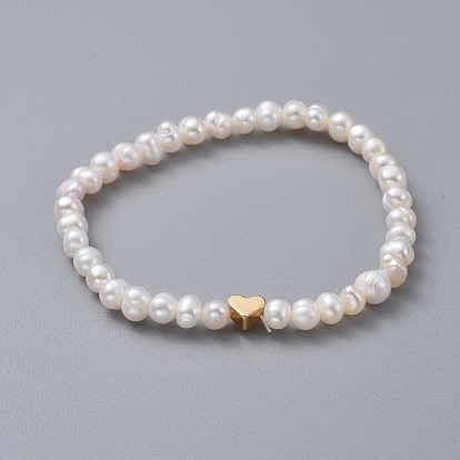 Stretch Bracelets, with Brass Beads, Grade A Natural Freshwater Pearl Beads and Burlap Packing Pouches Drawstring Bags, Heart