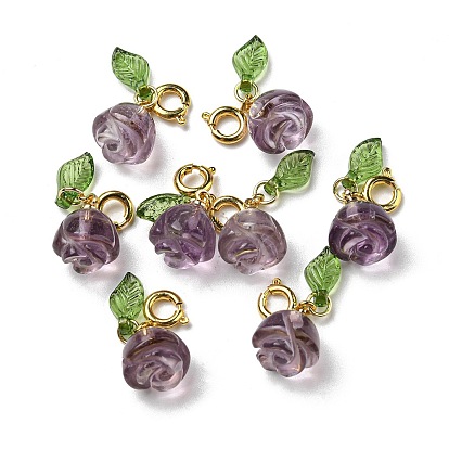 Natural Amethyst Rose Pendant Decorations, Flower Gems Ornament with Brass Spring Ring Clasps