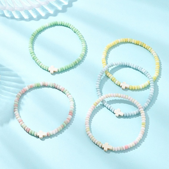 Pulseras elásticas con cuentas de imitación de jade de vidrio teñido, Joyería cruzada de turquesa sintética para mujeres y hombres.