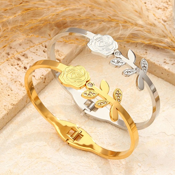 304 Stainless Steel Micro Pave Rhinestone Hinged Bangles for Women, Rose Flower
