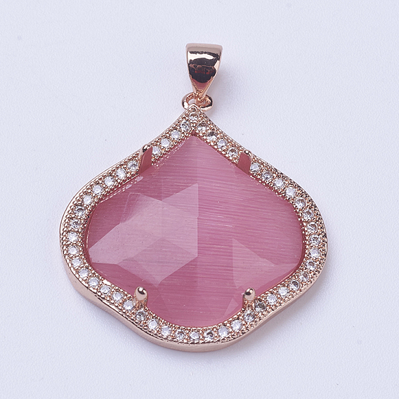 Brass Cat Eye Pendant, with Micro Pave Cubic Zirconia, Faceted, Long-Lasting Plated, Petal