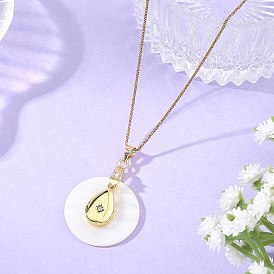 Natural Freshwater Shell Disc and Brass Teardrop Penant Necklaces, with 304 Stainless Steel Rouns Sanke Chains, Floral White